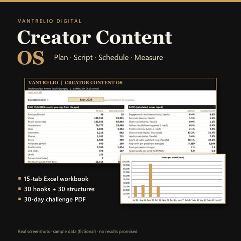 Creator Content OS cover: real dashboard screenshot and monthly views chart, sample data